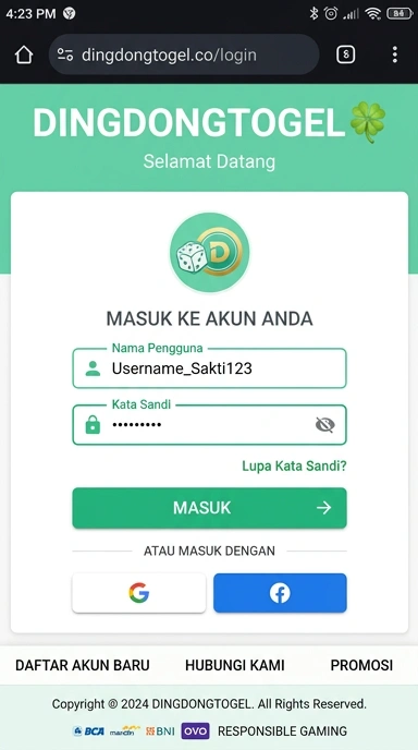 Tampilan halaman login dingdongtogel